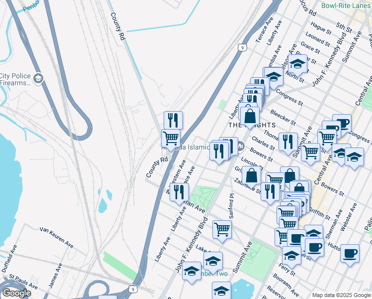 map of restaurants, bars, coffee shops, grocery stores, and more near 210 Zabriskie Street in Jersey City