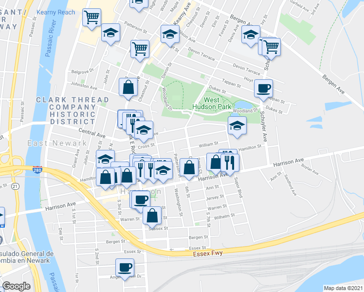 map of restaurants, bars, coffee shops, grocery stores, and more near 604 William Street in Harrison