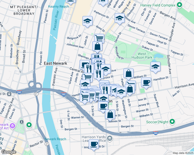 map of restaurants, bars, coffee shops, grocery stores, and more near 308 Frank E Rodgers Boulevard North in Harrison