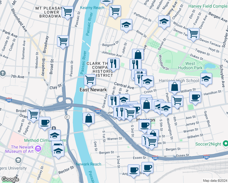 map of restaurants, bars, coffee shops, grocery stores, and more near 319 North 2nd Street in Harrison