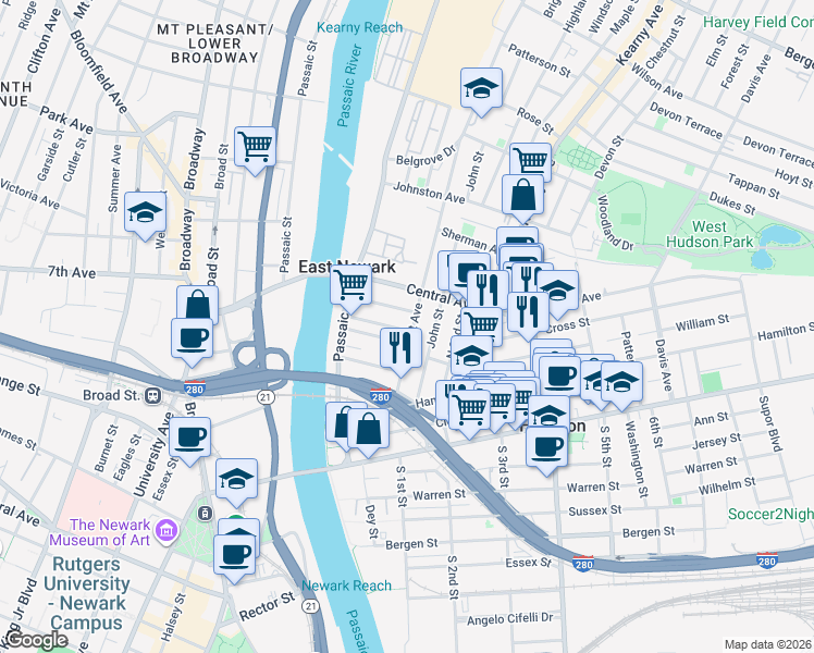 map of restaurants, bars, coffee shops, grocery stores, and more near 126 Grant Avenue in East Newark