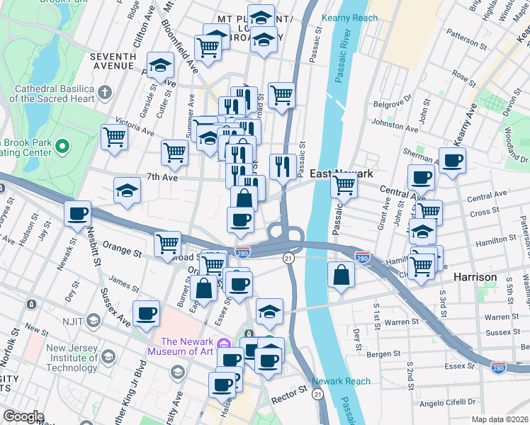 map of restaurants, bars, coffee shops, grocery stores, and more near 1 8th Avenue in Newark