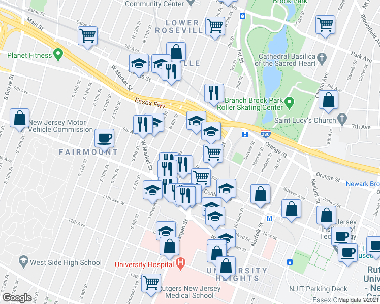 map of restaurants, bars, coffee shops, grocery stores, and more near in Newark