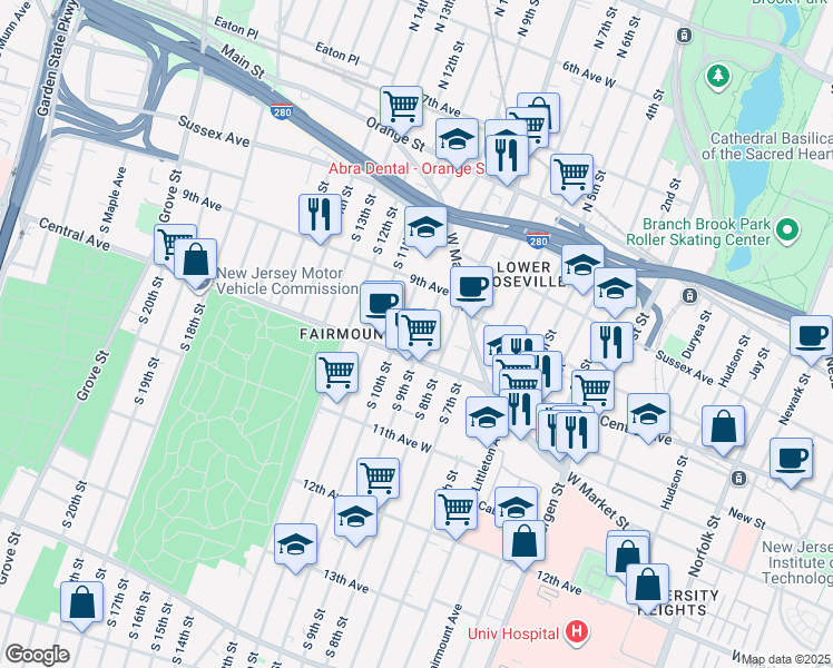 map of restaurants, bars, coffee shops, grocery stores, and more near 535 Central Avenue in Newark