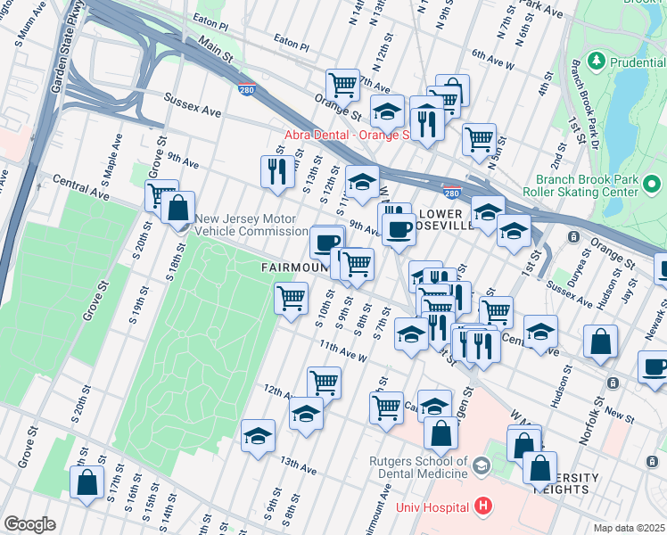 map of restaurants, bars, coffee shops, grocery stores, and more near 535 Central Avenue in Newark