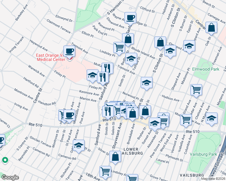 map of restaurants, bars, coffee shops, grocery stores, and more near 74 Bedford Street in Newark