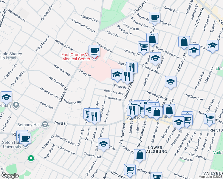 map of restaurants, bars, coffee shops, grocery stores, and more near 42 Kenmore Avenue in Newark