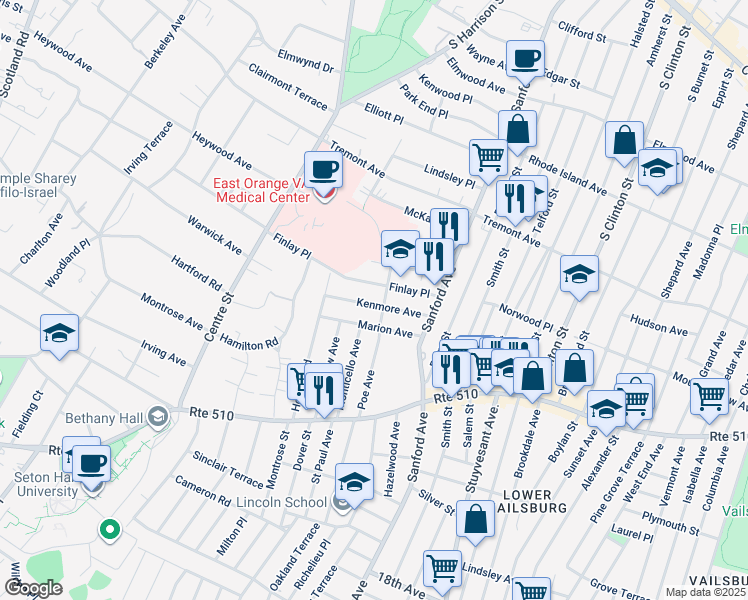 map of restaurants, bars, coffee shops, grocery stores, and more near 42 Kenmore Avenue in Newark