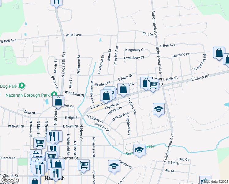 map of restaurants, bars, coffee shops, grocery stores, and more near 44 Rose Inn Avenue in Nazareth