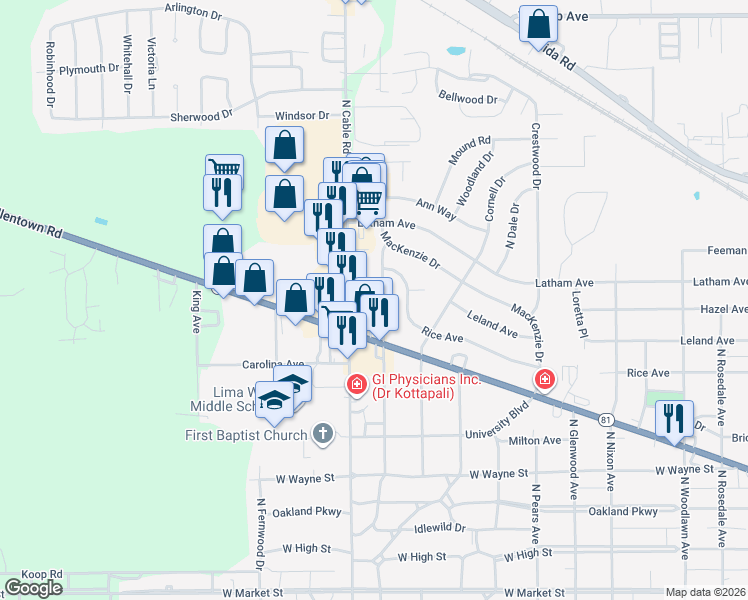 map of restaurants, bars, coffee shops, grocery stores, and more near 628 Columbia Drive in Lima