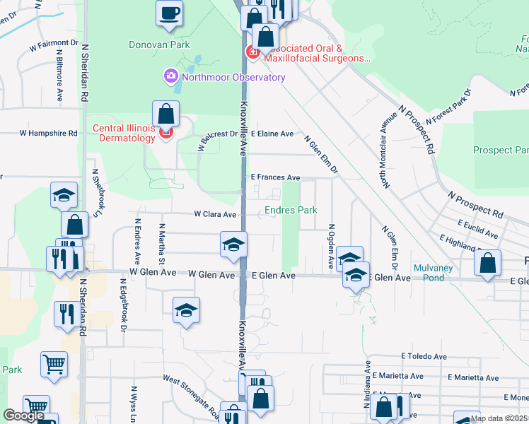 map of restaurants, bars, coffee shops, grocery stores, and more near 129 East Northridge Lane in Peoria