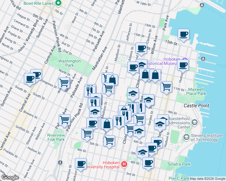 map of restaurants, bars, coffee shops, grocery stores, and more near 915 Madison Street in Hoboken