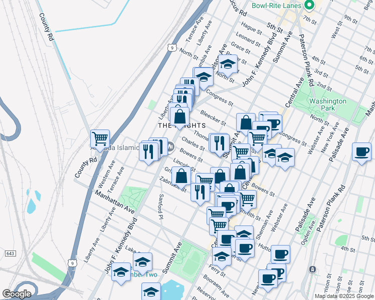map of restaurants, bars, coffee shops, grocery stores, and more near 235 Bowers Street in Jersey City