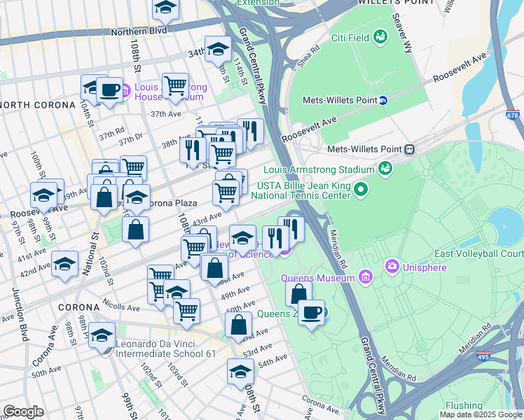 map of restaurants, bars, coffee shops, grocery stores, and more near 11145 44th Avenue in Queens