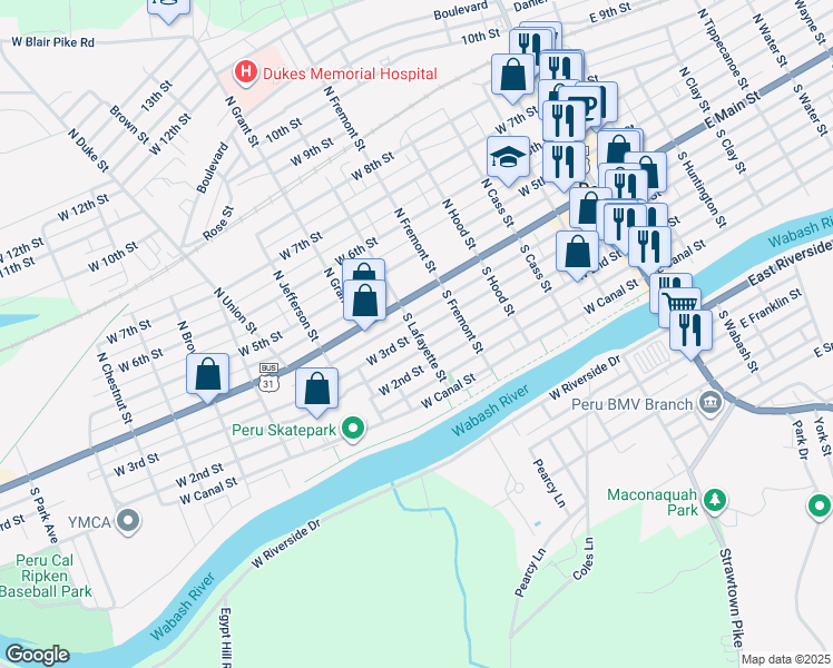 map of restaurants, bars, coffee shops, grocery stores, and more near 54 South Lafayette Street in Peru