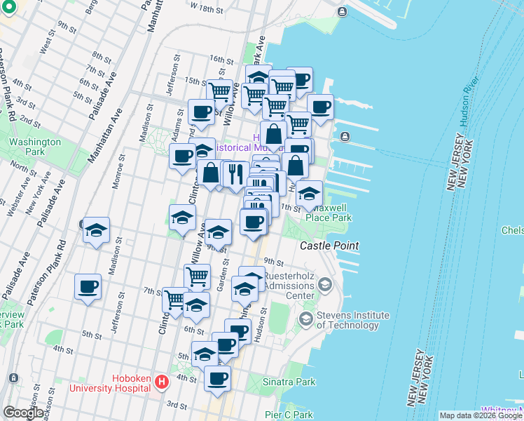 map of restaurants, bars, coffee shops, grocery stores, and more near in Hoboken