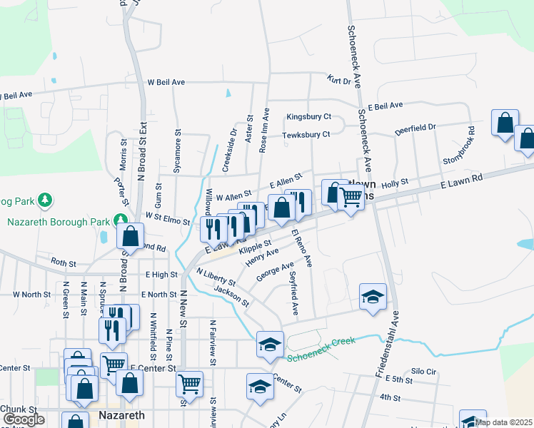 map of restaurants, bars, coffee shops, grocery stores, and more near 10 East Saint Elmo Street in Nazareth