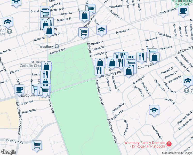 map of restaurants, bars, coffee shops, grocery stores, and more near Old Country Road & Salisbury Park Drive in Westbury