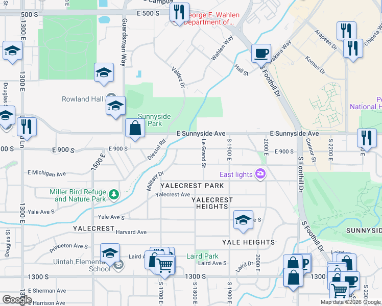 map of restaurants, bars, coffee shops, grocery stores, and more near 1775 East Hubbard Avenue in Salt Lake City