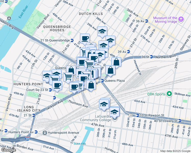 map of restaurants, bars, coffee shops, grocery stores, and more near 2810 Queens Plaza South in Queens