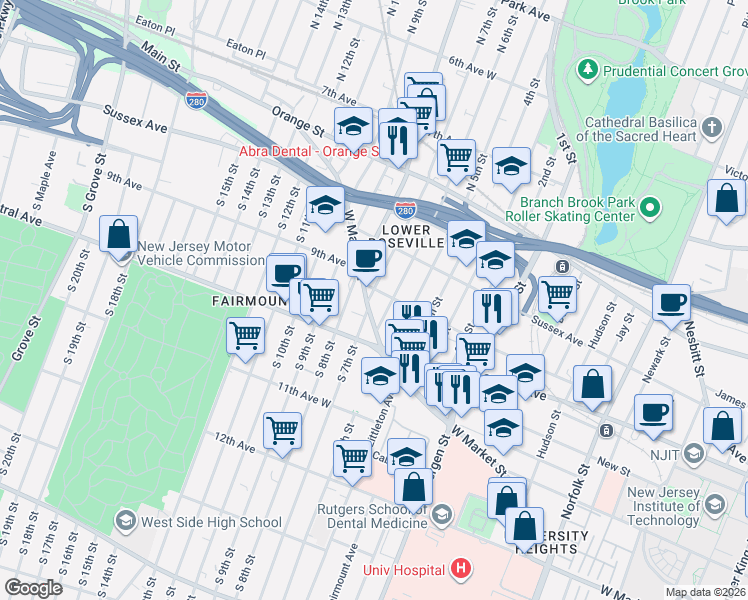 map of restaurants, bars, coffee shops, grocery stores, and more near 5 North 7th Street in Newark