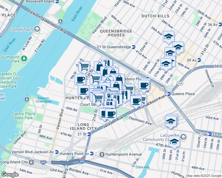 map of restaurants, bars, coffee shops, grocery stores, and more near 24-01 44th Road in Queens