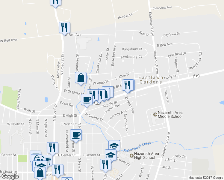 map of restaurants, bars, coffee shops, grocery stores, and more near 44 Rose Inn Avenue in Nazareth