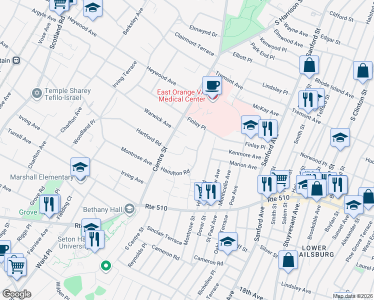 map of restaurants, bars, coffee shops, grocery stores, and more near 607 Hamilton Road in South Orange