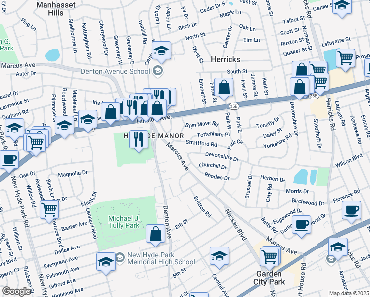 map of restaurants, bars, coffee shops, grocery stores, and more near 261 Marcus Avenue in Garden City Park