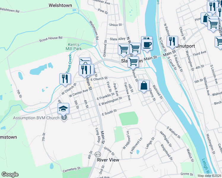 map of restaurants, bars, coffee shops, grocery stores, and more near 349 First Street in Slatington