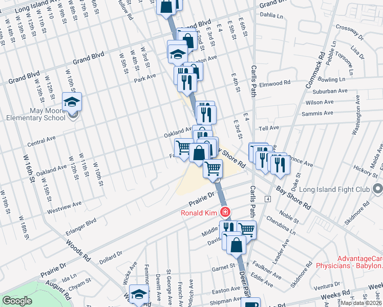 map of restaurants, bars, coffee shops, grocery stores, and more near 15 Van Cott Road in North Babylon