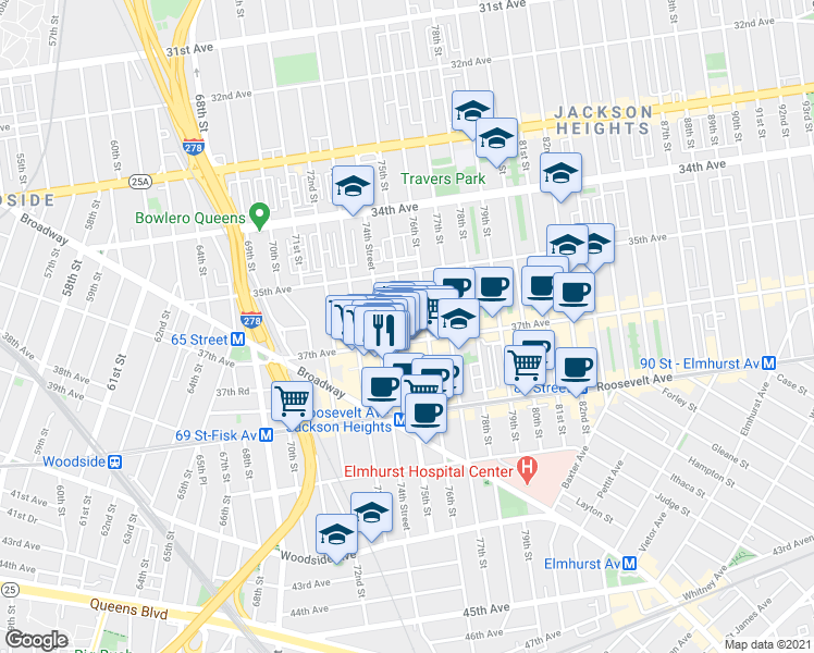 map of restaurants, bars, coffee shops, grocery stores, and more near 35-38 75th Street in Queens