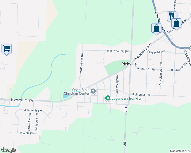map of restaurants, bars, coffee shops, grocery stores, and more near 6841 Navarre Road Southwest in Massillon