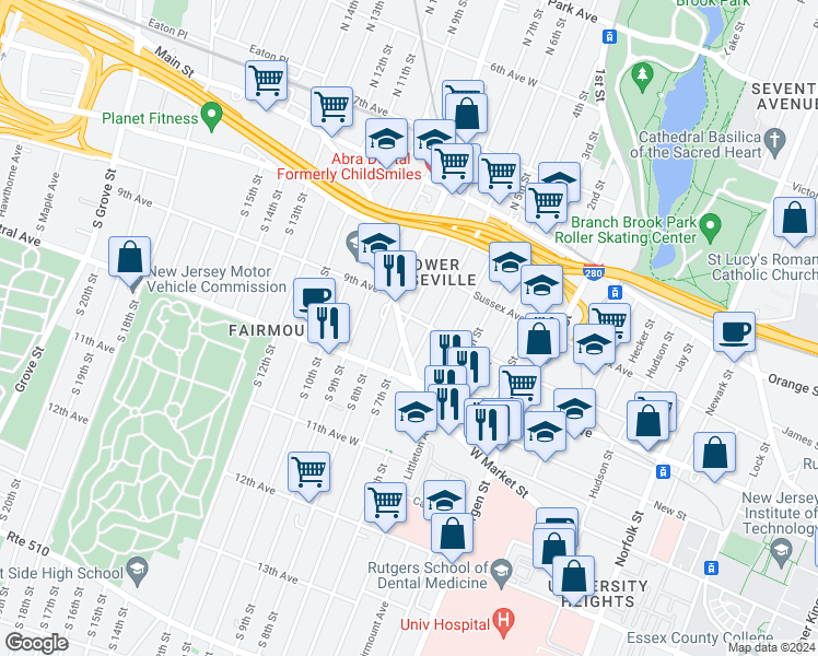map of restaurants, bars, coffee shops, grocery stores, and more near 449 West Market Street in Newark