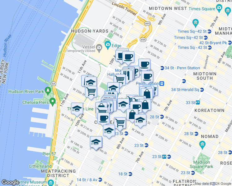 map of restaurants, bars, coffee shops, grocery stores, and more near 303 9th Avenue in New York