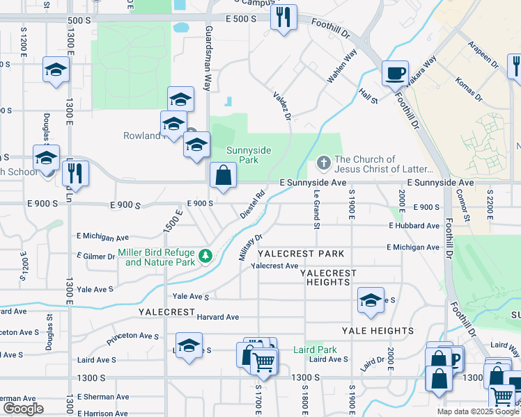 map of restaurants, bars, coffee shops, grocery stores, and more near 1710 East 900 South in Salt Lake City