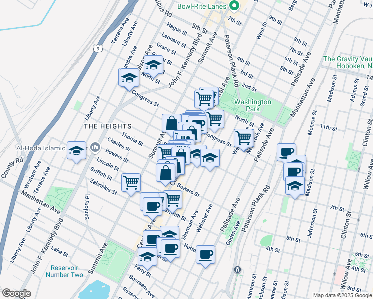 map of restaurants, bars, coffee shops, grocery stores, and more near 419 Central Avenue in Jersey City