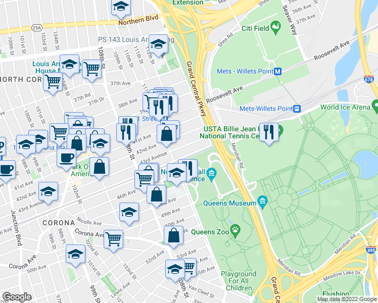 map of restaurants, bars, coffee shops, grocery stores, and more near 47-01 111th Street in Queens
