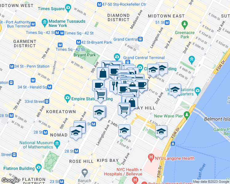 map of restaurants, bars, coffee shops, grocery stores, and more near 126 East 38th Street in New York