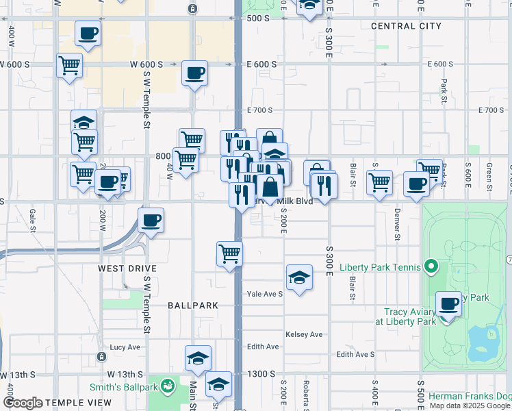 map of restaurants, bars, coffee shops, grocery stores, and more near 130 900 South in Salt Lake City