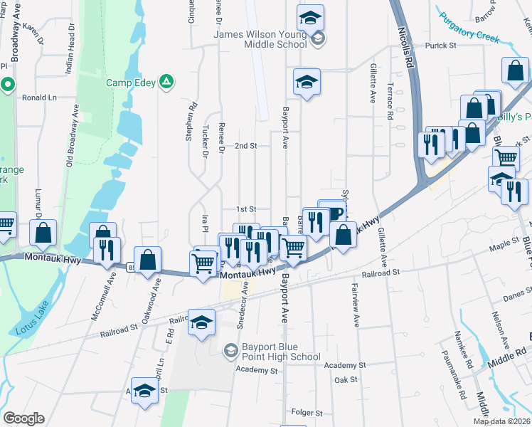 map of restaurants, bars, coffee shops, grocery stores, and more near 365 1st Avenue in Bayport