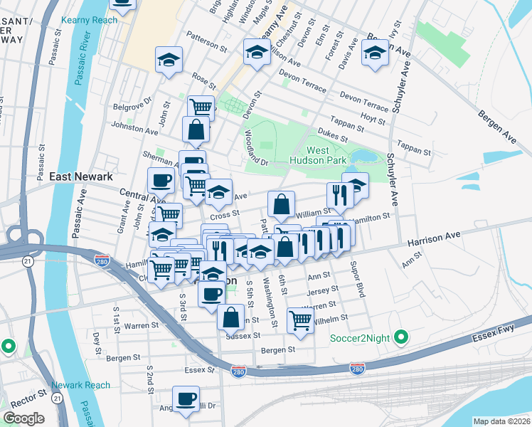 map of restaurants, bars, coffee shops, grocery stores, and more near 604 William Street in Harrison