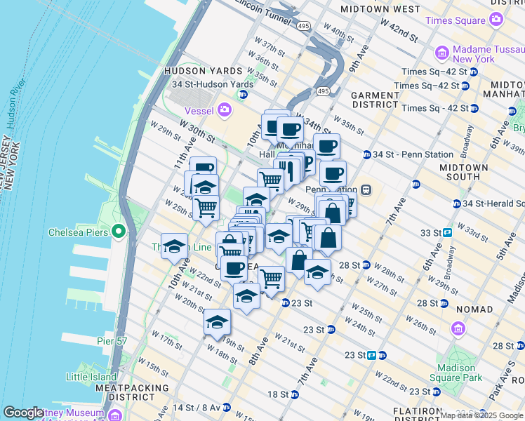 map of restaurants, bars, coffee shops, grocery stores, and more near 303 9th Avenue in New York