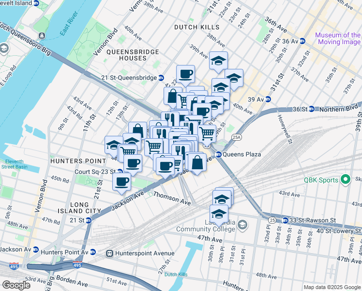 map of restaurants, bars, coffee shops, grocery stores, and more near 42-02 27th Street in Queens