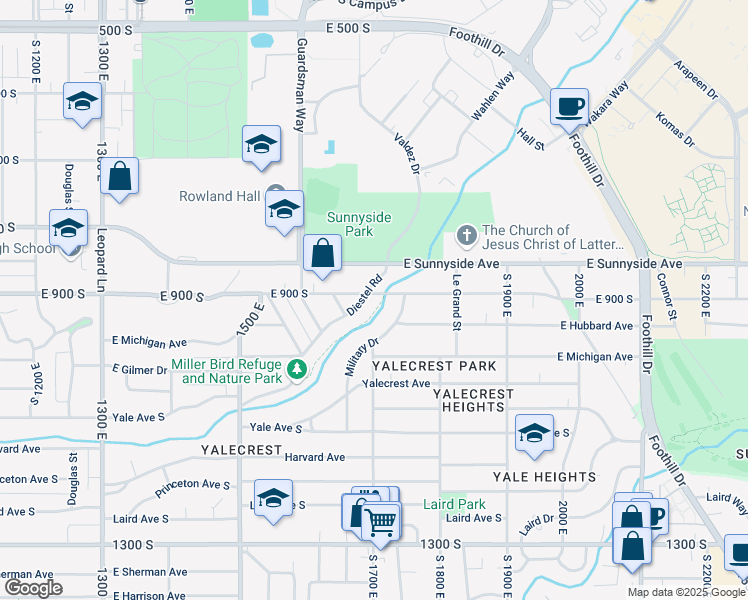 map of restaurants, bars, coffee shops, grocery stores, and more near 1710 East 900 South in Salt Lake City