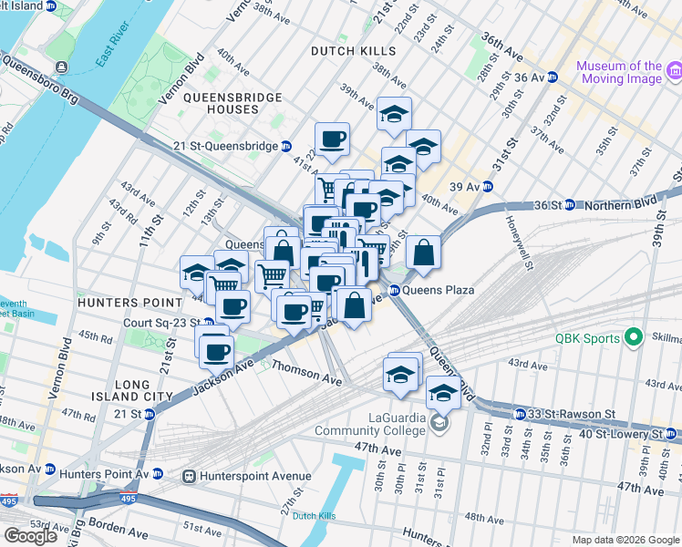 map of restaurants, bars, coffee shops, grocery stores, and more near 28-03 Jackson Avenue in Queens