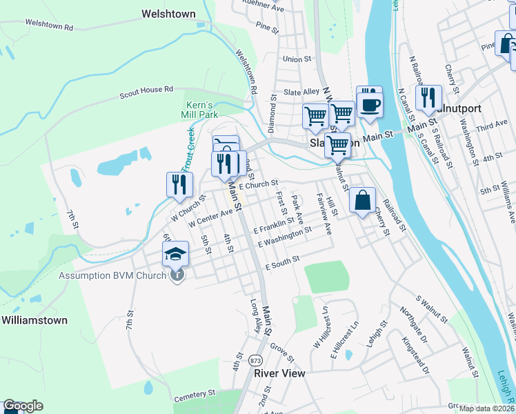 map of restaurants, bars, coffee shops, grocery stores, and more near 247 2nd Street in Slatington