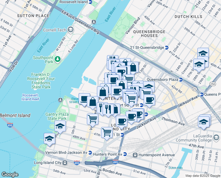 map of restaurants, bars, coffee shops, grocery stores, and more near 1009 44th Road in Queens