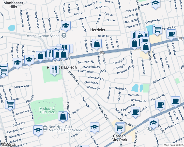 map of restaurants, bars, coffee shops, grocery stores, and more near 246 Devonshire Drive in New Hyde Park