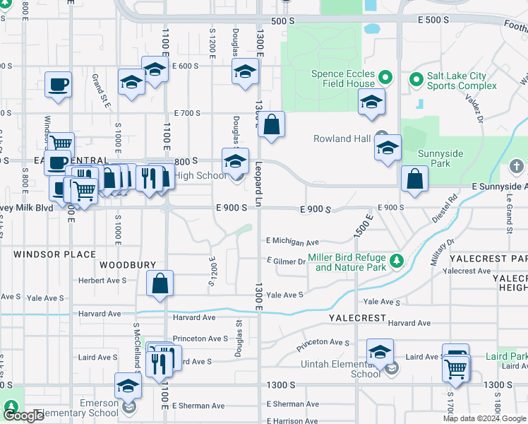 map of restaurants, bars, coffee shops, grocery stores, and more near 925 South 1300 East in Salt Lake City